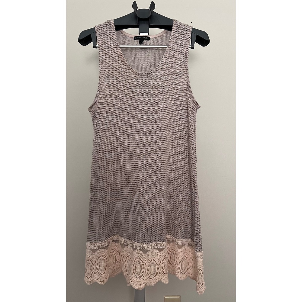 Signature Studio W Lg Mauve tan Knit Sleeveless Tunic Top Crochet Lace Hem EUC